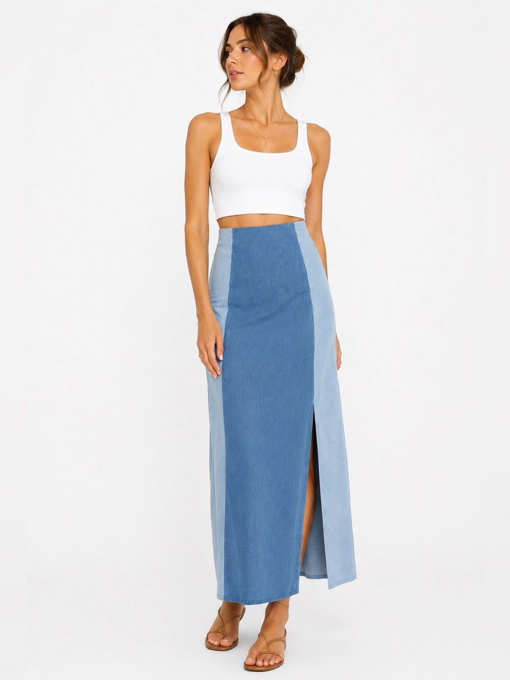 Riller & Fount Two-Tone Blue Maxi Skirt with Front Slit and Pockets